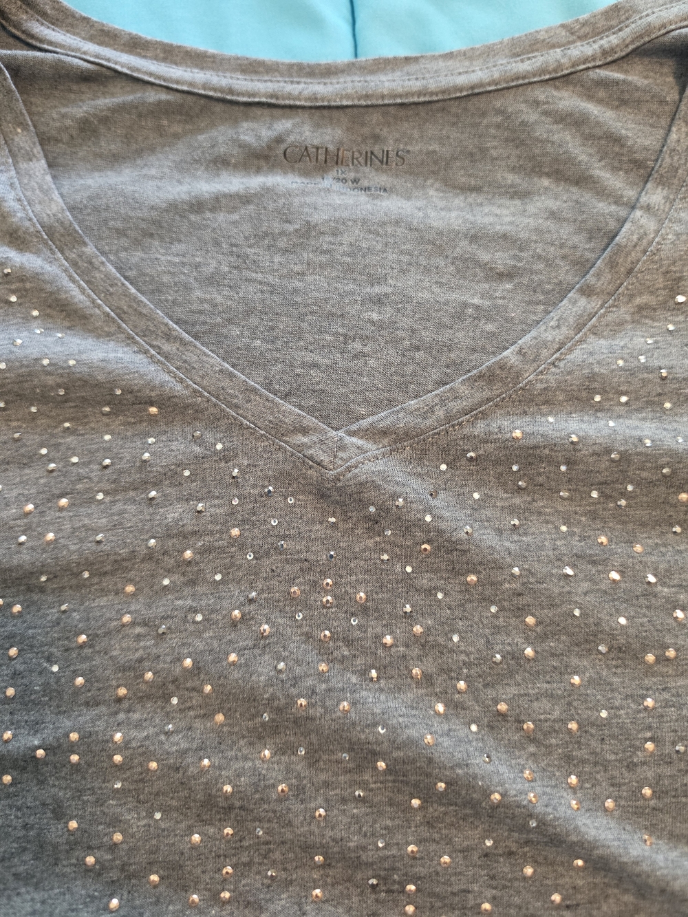 Catherines Women's Gray V-Neck 3/4 Sleeved T-shirt with Stud Detail